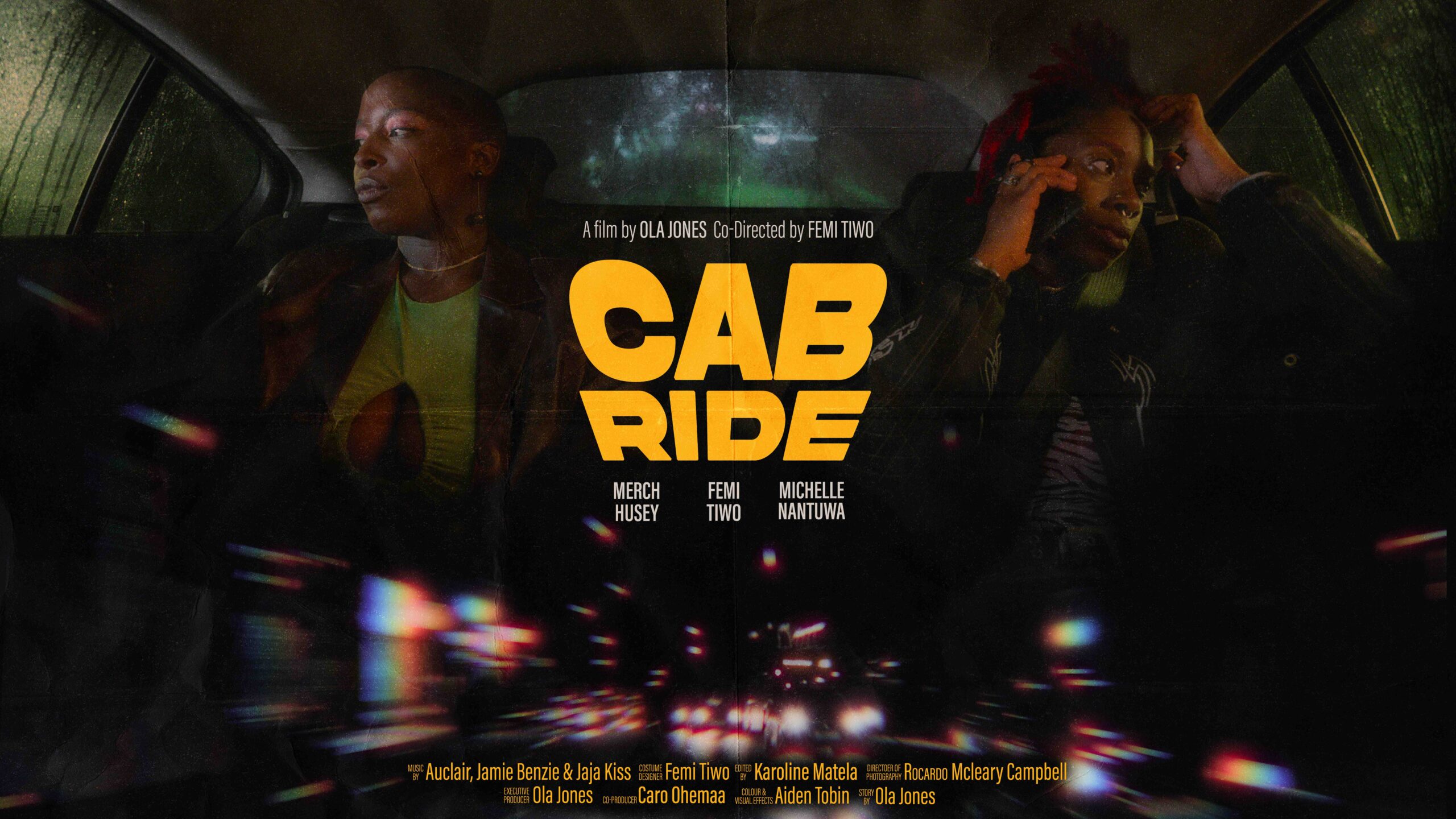 Movie Poster for Cab Ride Landscape poster for "Cab Ride," an LGBTQ+ short film, featuring moody neon lighting, a cityscape backdrop, and a couple inside a cab, designed by COTgroup LTD.