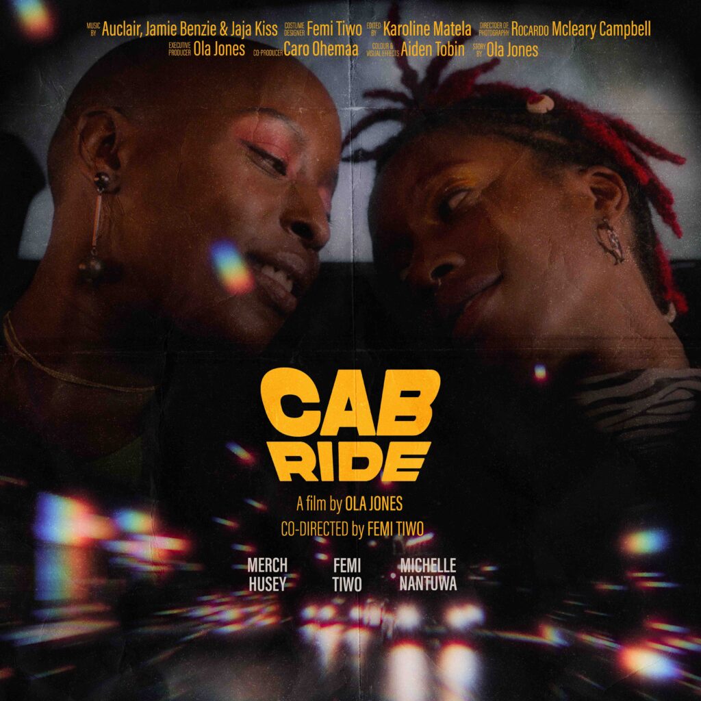 Landscape film poster for "Cab Ride," an LGBTQ+ short by COTgroup LTD featuring a romantic couple.