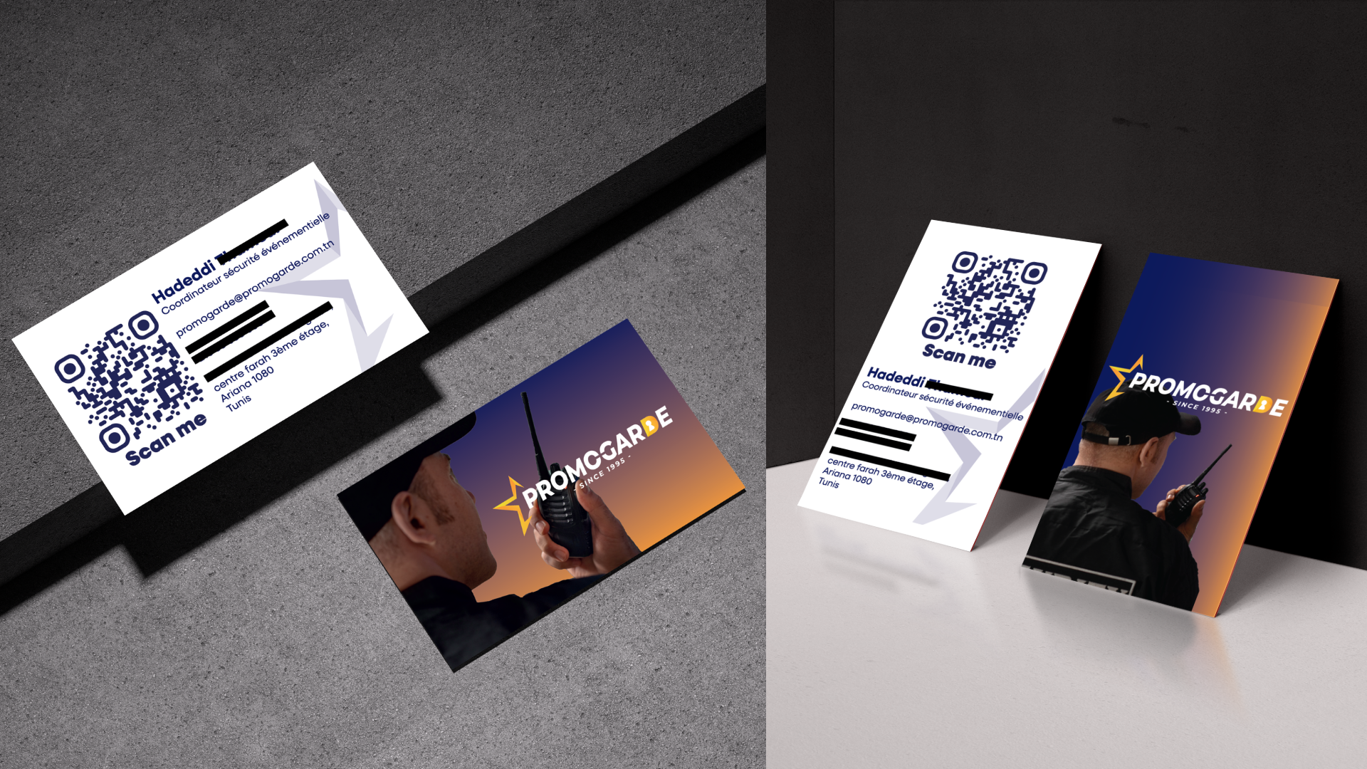 Promogarde re-branding Mockup of a vertical business card design for Promogarde, featuring a bold shield logo at the top, contact information aligned neatly below, and a clean layout using the brand's corporate colours. Mockup of a horizontal (landscape) business card for Promogarde, with the shield logo on the left and company details on the right, presented in a professional, modern design using strong typography and a dark-toned colour scheme.