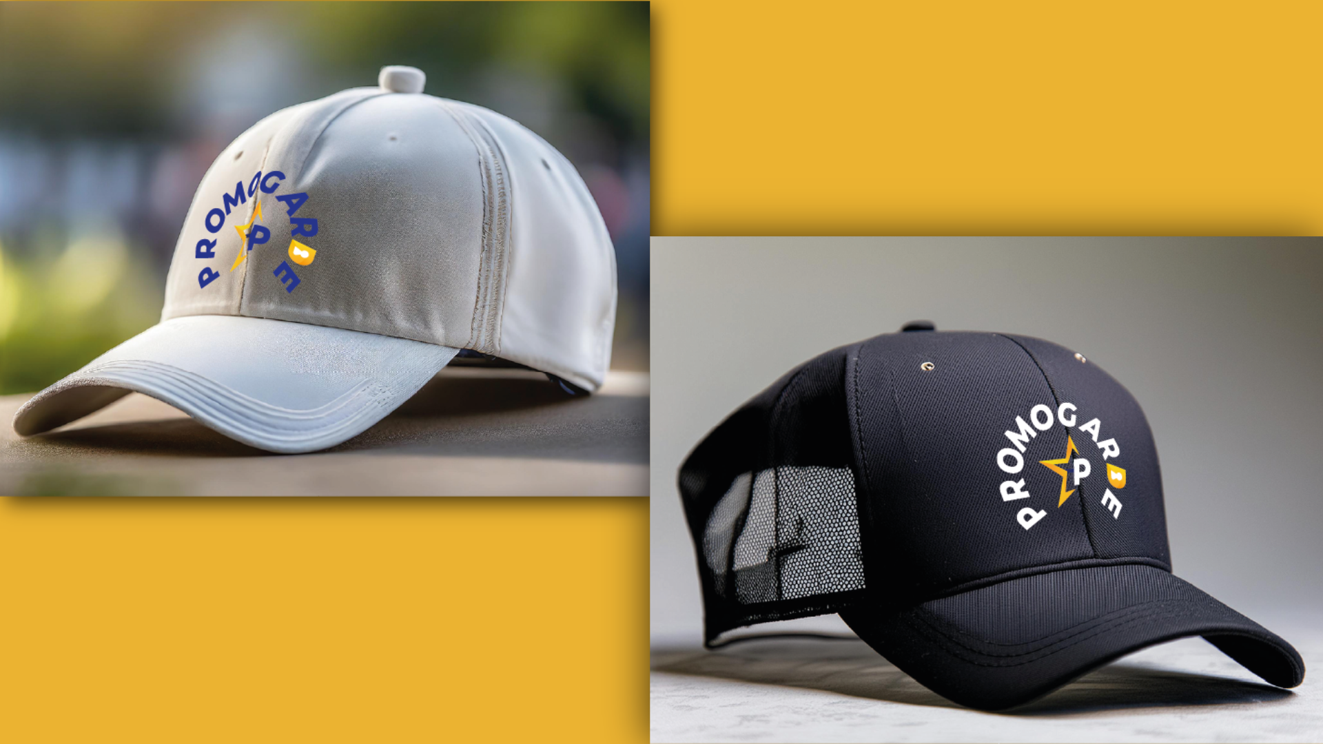Promogarde re-branding Mockup of a black and a grey baseball cap featuring the Promogarde logo embroidered on the front panel. The design highlights the brand's shield icon in white, representing strength and professionalism.
